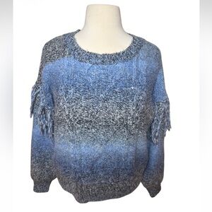 Frye and Co Ombré Space Heritage Blue and Gray Crew Neck Fringe Sweater-Size L